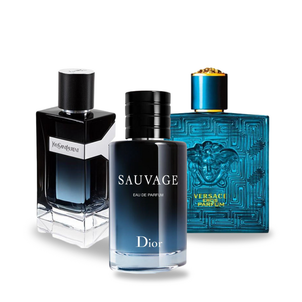 Akciové balenie 3 parfémov Dior SAUVAGE, Yves Saint Laurent Y MEN a Versace EROS 100ml